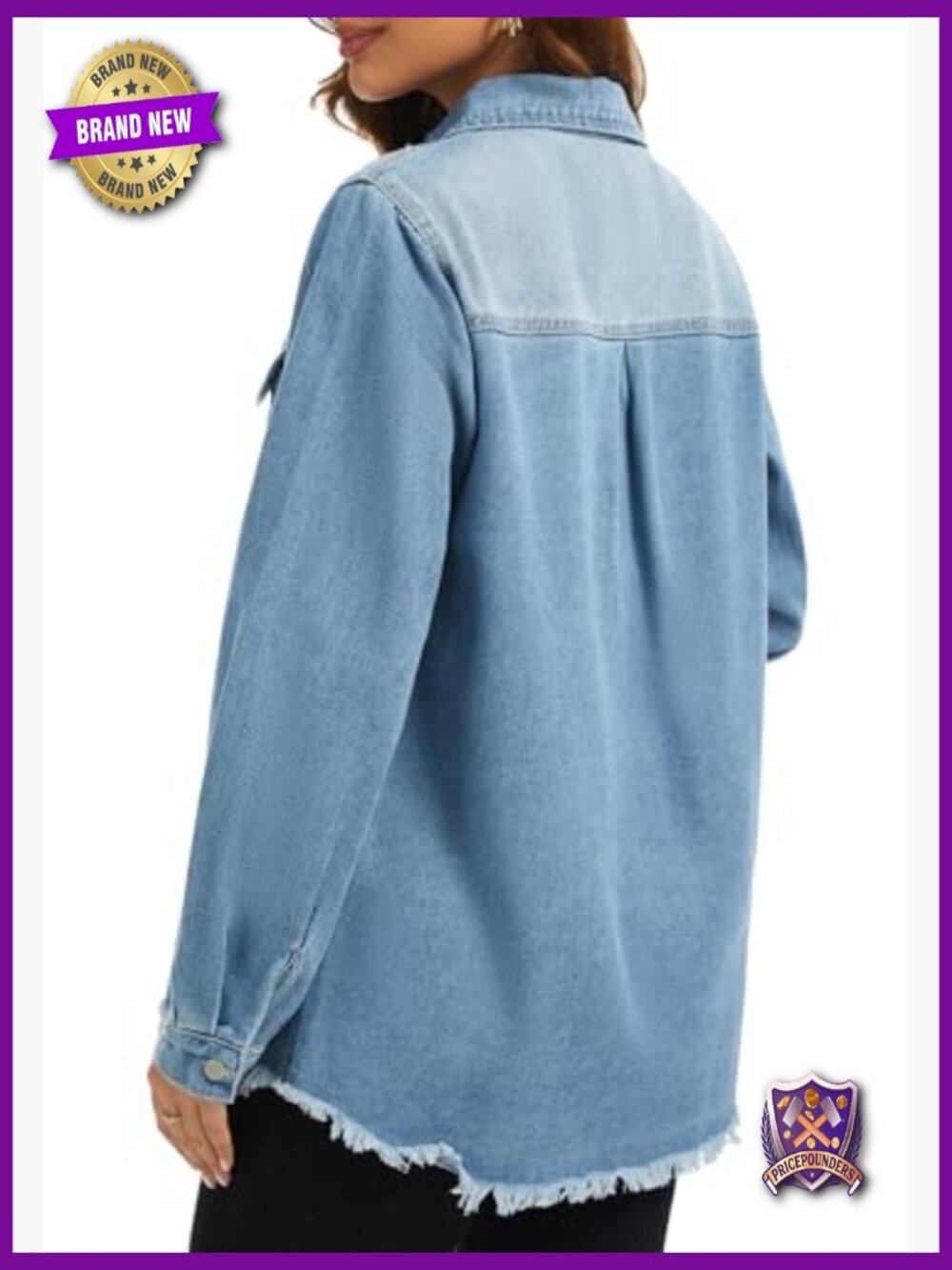 Oversized Denim Jacket with Distressed Frayed Hem Long Sleeve Button Front Jean - Picture 5 of 6